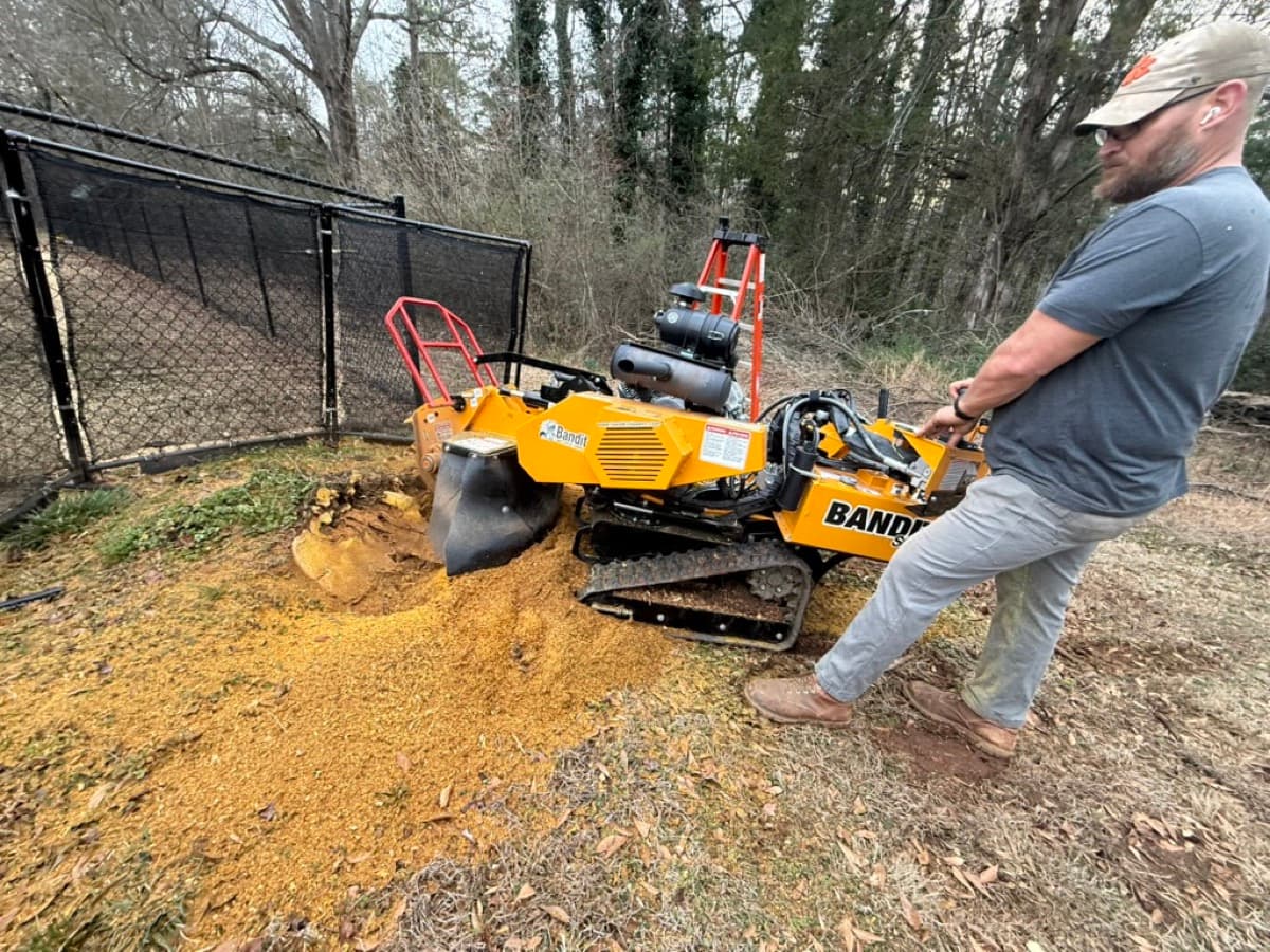 Nelson Stump & Land Clearing grinding a stump near a fence line in Spartanburg SC with Bandit SG-40