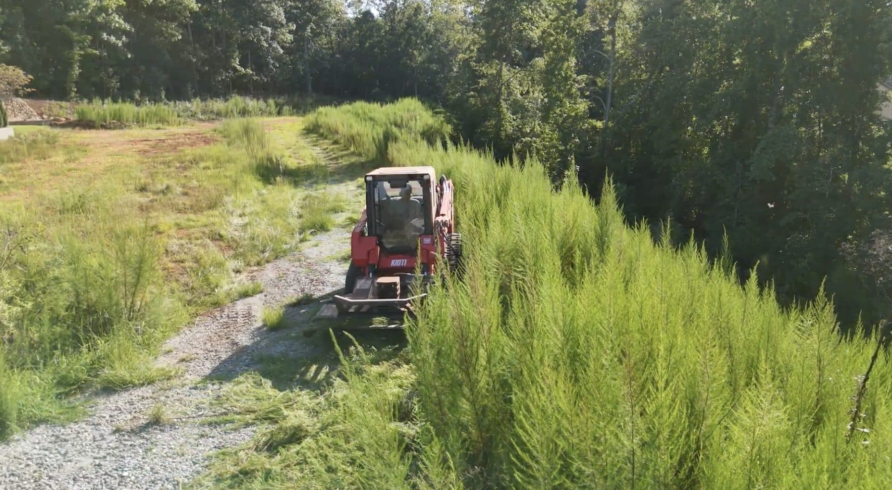 Kioti track loader with a brush cutter mowing chest-high weeds on an overgrown subdivision lot in Upstate SC